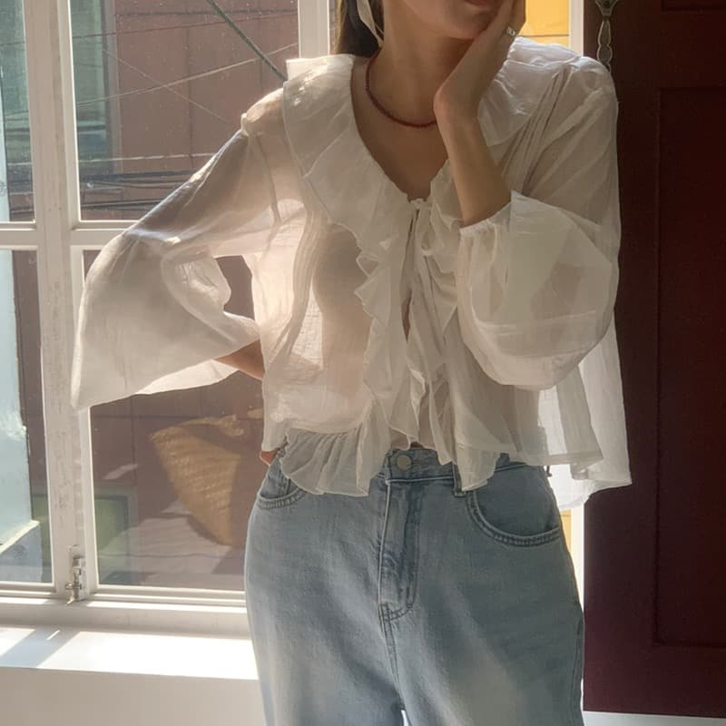재고 있음 chic 프랑스식 V넥 스트랩 프릴 루즈핏 셔츠 자외선 차단 긴팔 맨위 이미지 2