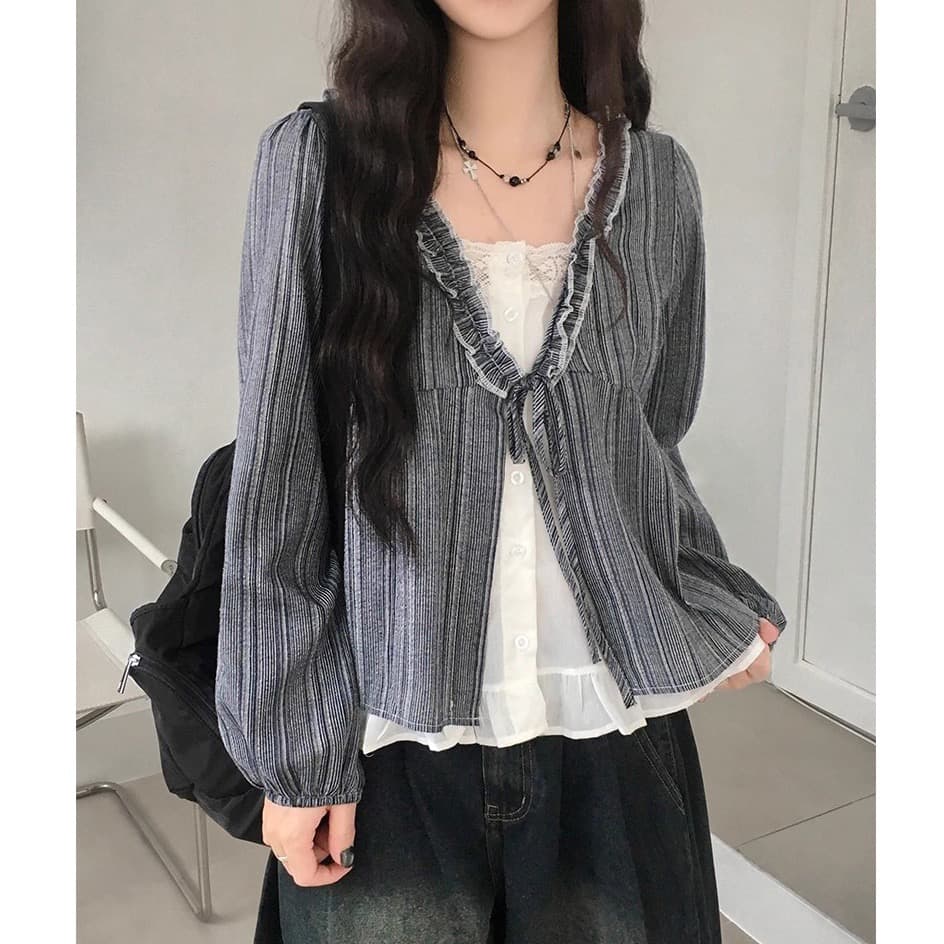 재고 있음 chic 한 부서 달콤함 연령 감소 프릴 거품 소매 페이크 레이어드 스트라이프 루즈핏 긴팔 셔츠 이미지 2