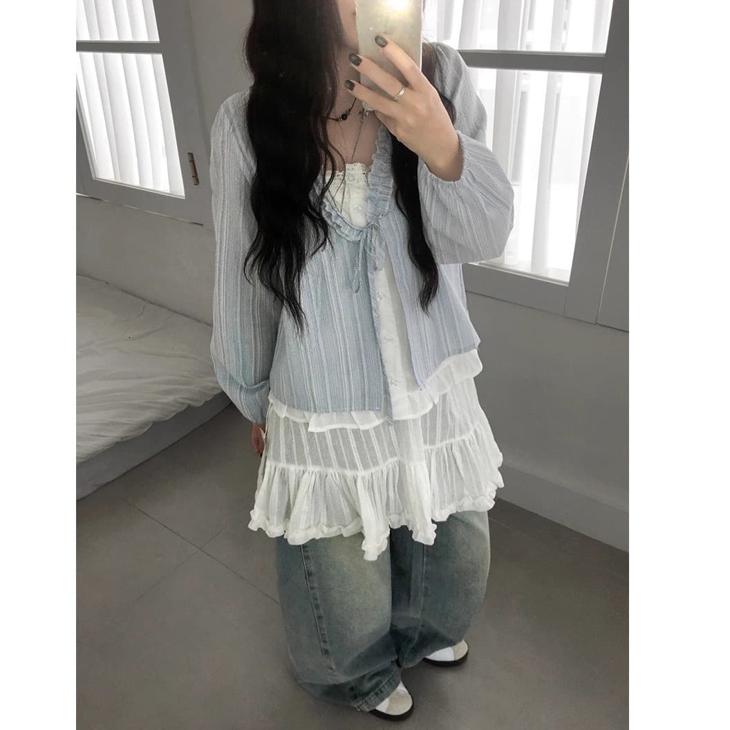 재고 있음 chic 한 부서 달콤함 연령 감소 프릴 거품 소매 페이크 레이어드 스트라이프 루즈핏 긴팔 셔츠 상세 이미지 2