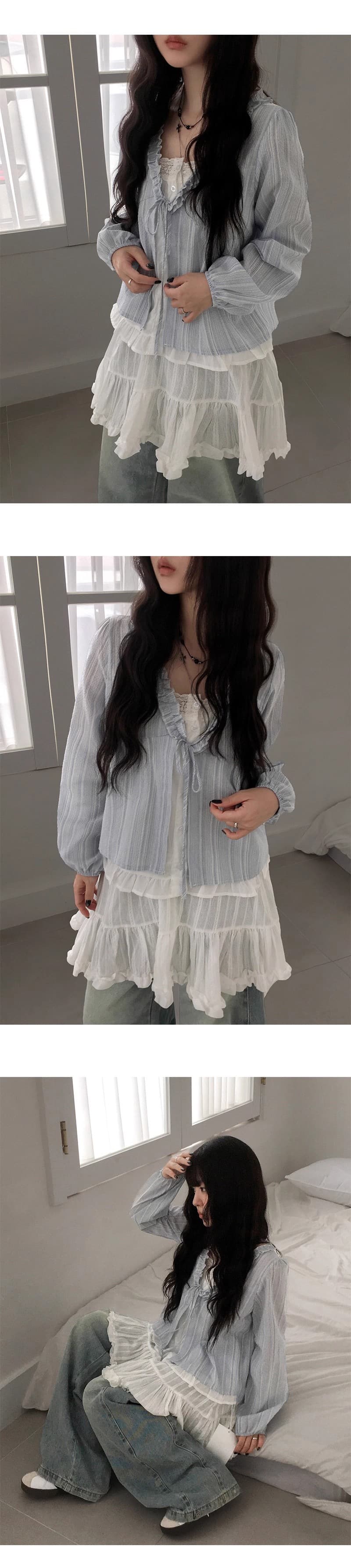 재고 있음 chic 한 부서 달콤함 연령 감소 프릴 거품 소매 페이크 레이어드 스트라이프 루즈핏 긴팔 셔츠 상세 이미지 4