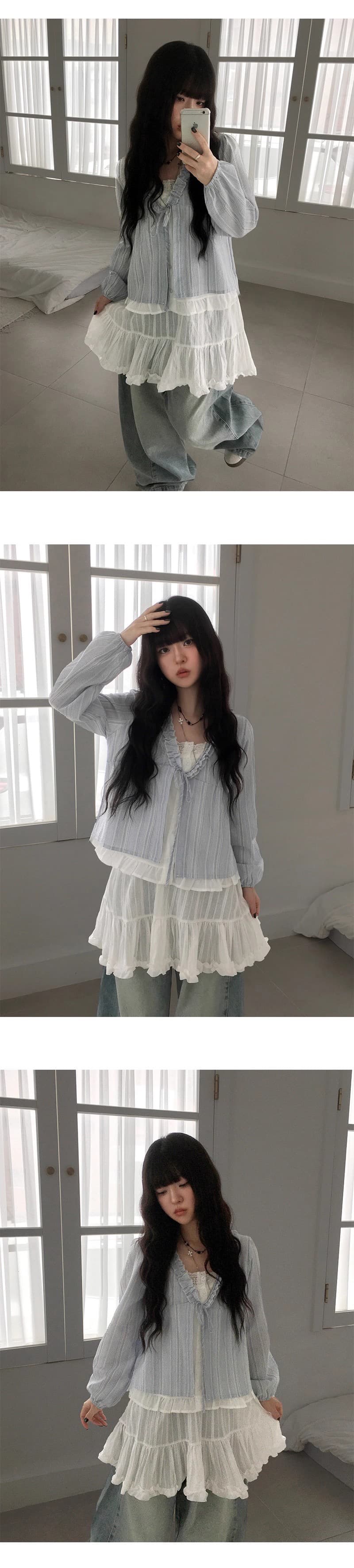 재고 있음 chic 한 부서 달콤함 연령 감소 프릴 거품 소매 페이크 레이어드 스트라이프 루즈핏 긴팔 셔츠 상세 이미지 5