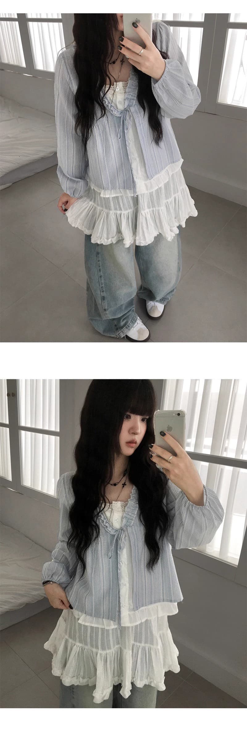 재고 있음 chic 한 부서 달콤함 연령 감소 프릴 거품 소매 페이크 레이어드 스트라이프 루즈핏 긴팔 셔츠 상세 이미지 7