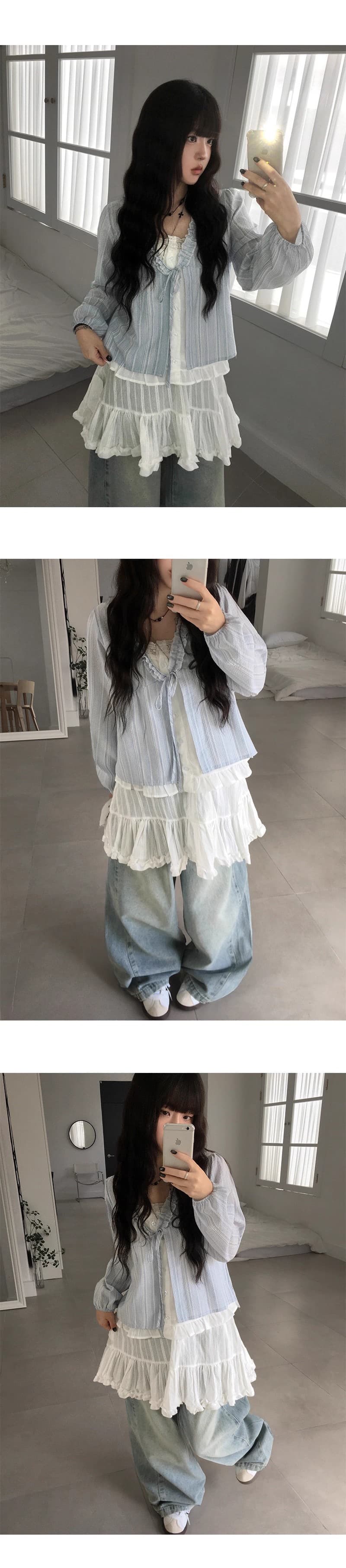 재고 있음 chic 한 부서 달콤함 연령 감소 프릴 거품 소매 페이크 레이어드 스트라이프 루즈핏 긴팔 셔츠 상세 이미지 8