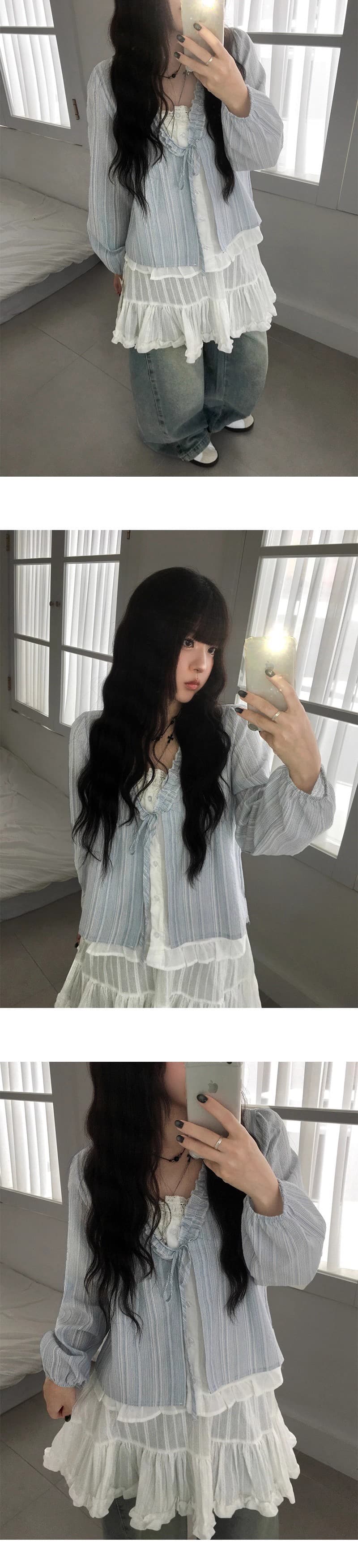 재고 있음 chic 한 부서 달콤함 연령 감소 프릴 거품 소매 페이크 레이어드 스트라이프 루즈핏 긴팔 셔츠 상세 이미지 9