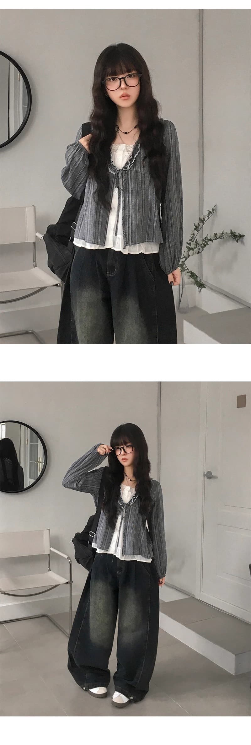 재고 있음 chic 한 부서 달콤함 연령 감소 프릴 거품 소매 페이크 레이어드 스트라이프 루즈핏 긴팔 셔츠 상세 이미지 12