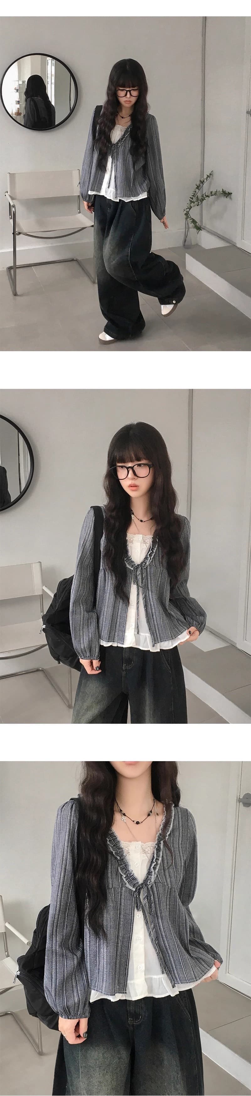 재고 있음 chic 한 부서 달콤함 연령 감소 프릴 거품 소매 페이크 레이어드 스트라이프 루즈핏 긴팔 셔츠 상세 이미지 13