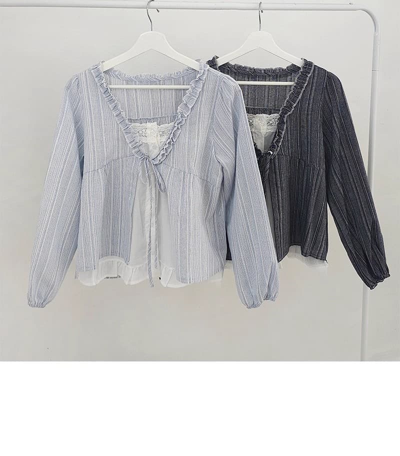 재고 있음 chic 한 부서 달콤함 연령 감소 프릴 거품 소매 페이크 레이어드 스트라이프 루즈핏 긴팔 셔츠 상세 이미지 14