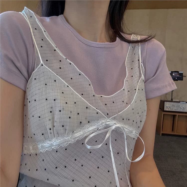 재고 있음 chic 패치워크 디자인 센스 망사 도트 무늬 레이스업 조끼 여성 ins 한 부서 얇은 스타일 시스루 슬립 맨위 상세 이미지 1