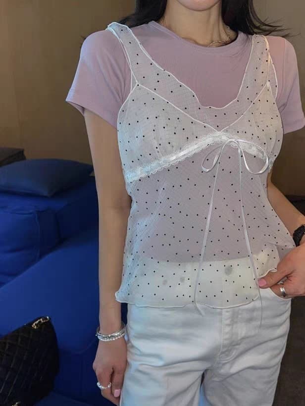 재고 있음 chic 패치워크 디자인 센스 망사 도트 무늬 레이스업 조끼 여성 ins 한 부서 얇은 스타일 시스루 슬립 맨위 상세 이미지 3