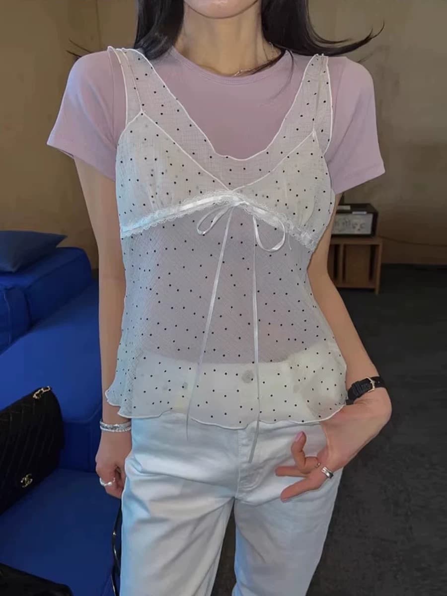 재고 있음 chic 패치워크 디자인 센스 망사 도트 무늬 레이스업 조끼 여성 ins 한 부서 얇은 스타일 시스루 슬립 맨위 상세 이미지 5