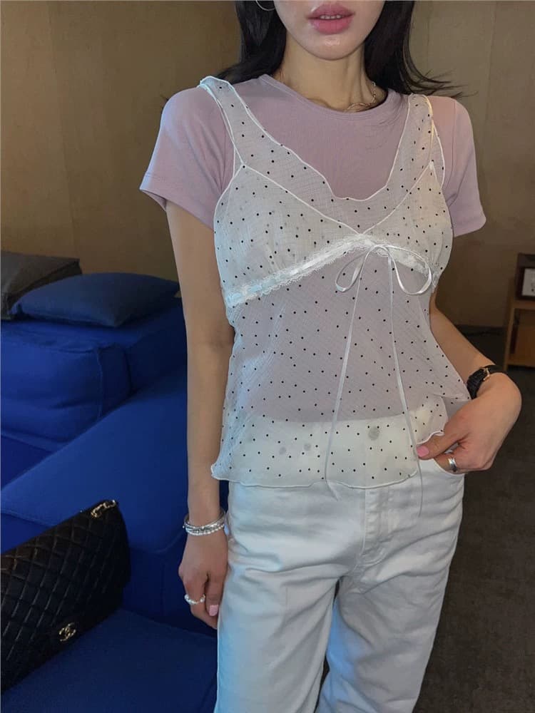 재고 있음 chic 패치워크 디자인 센스 망사 도트 무늬 레이스업 조끼 여성 ins 한 부서 얇은 스타일 시스루 슬립 맨위 상세 이미지 6