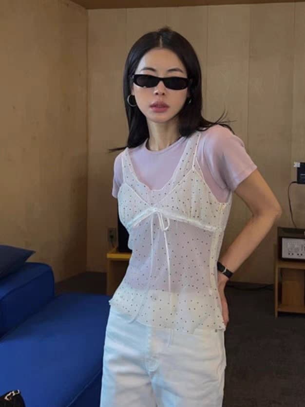 재고 있음 chic 패치워크 디자인 센스 망사 도트 무늬 레이스업 조끼 여성 ins 한 부서 얇은 스타일 시스루 슬립 맨위 상세 이미지 9