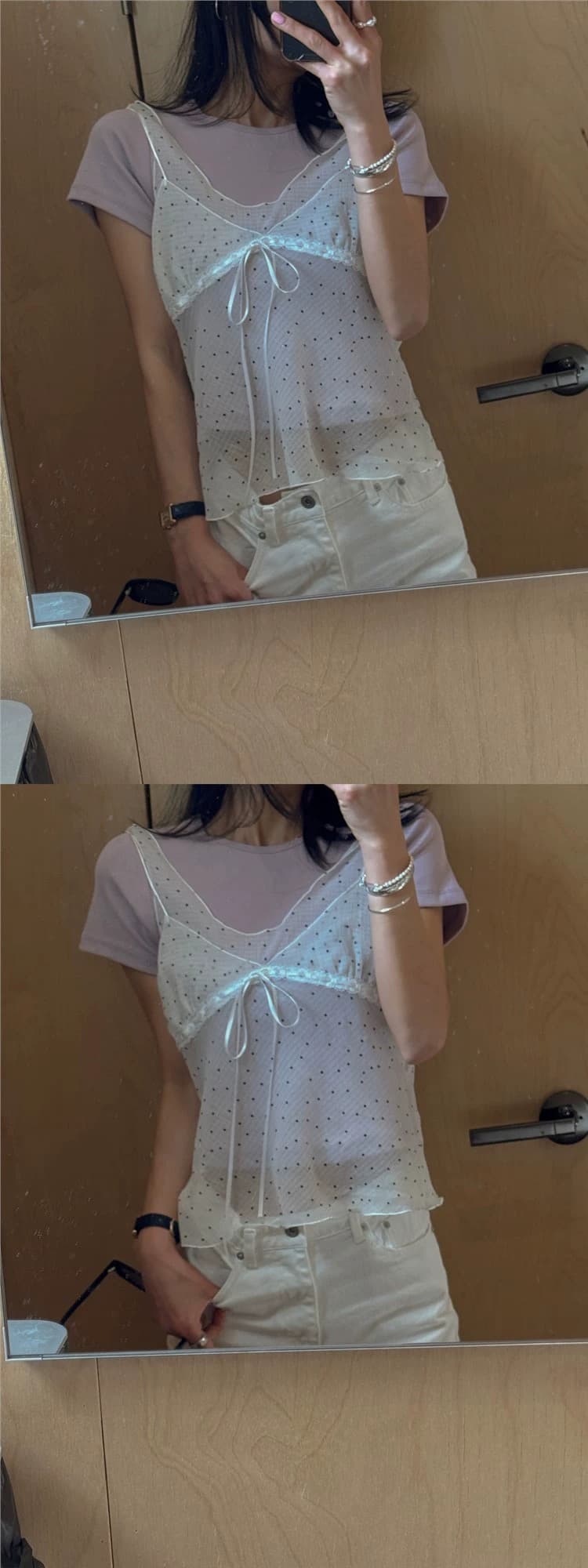 재고 있음 chic 패치워크 디자인 센스 망사 도트 무늬 레이스업 조끼 여성 ins 한 부서 얇은 스타일 시스루 슬립 맨위 상세 이미지 10