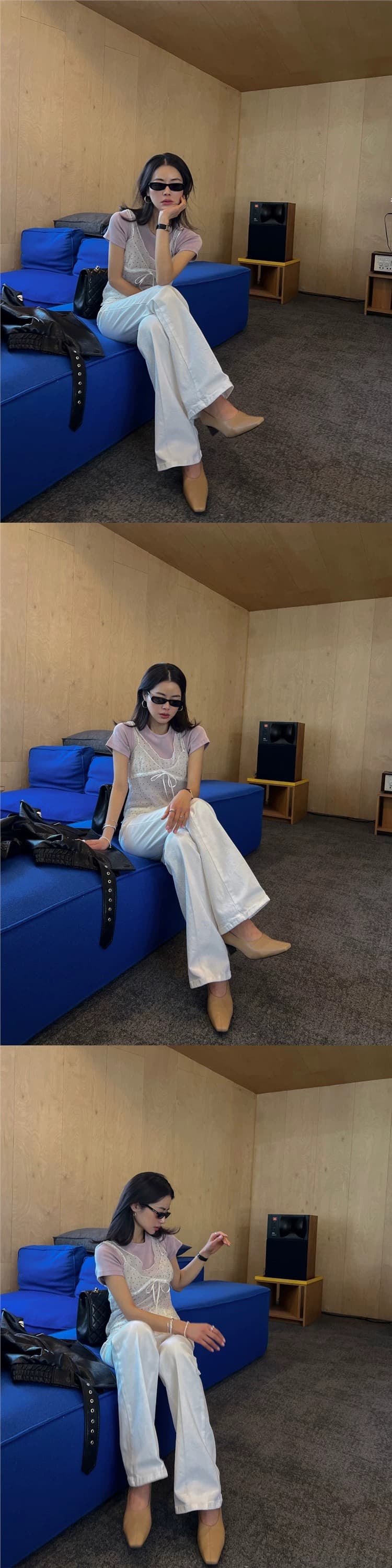 재고 있음 chic 패치워크 디자인 센스 망사 도트 무늬 레이스업 조끼 여성 ins 한 부서 얇은 스타일 시스루 슬립 맨위 상세 이미지 12
