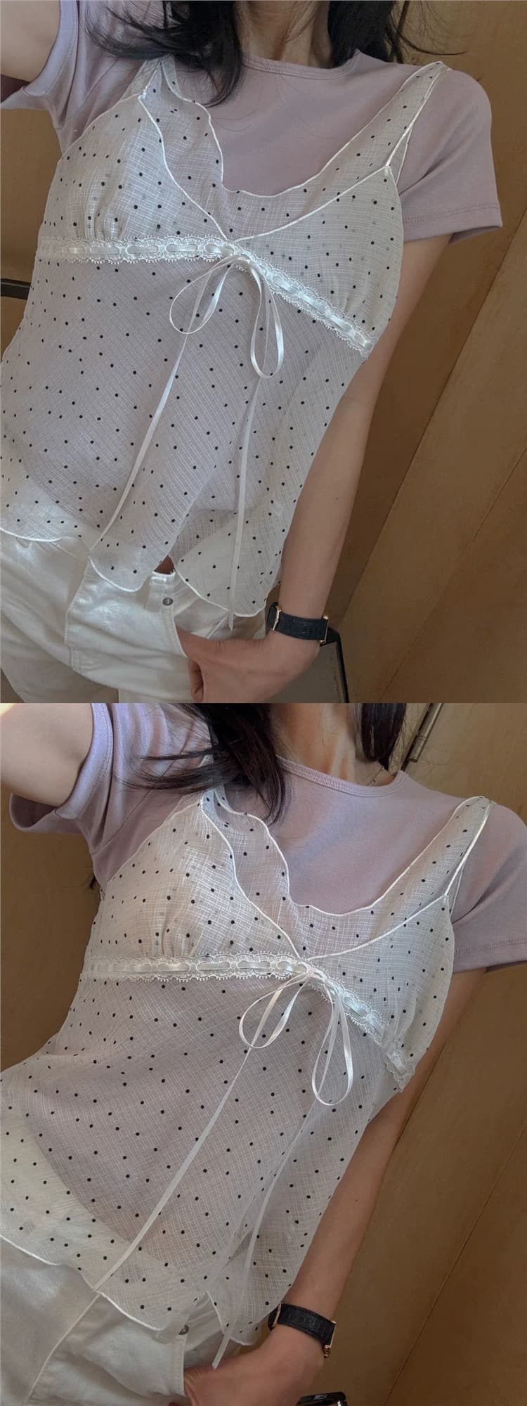 재고 있음 chic 패치워크 디자인 센스 망사 도트 무늬 레이스업 조끼 여성 ins 한 부서 얇은 스타일 시스루 슬립 맨위 상세 이미지 14