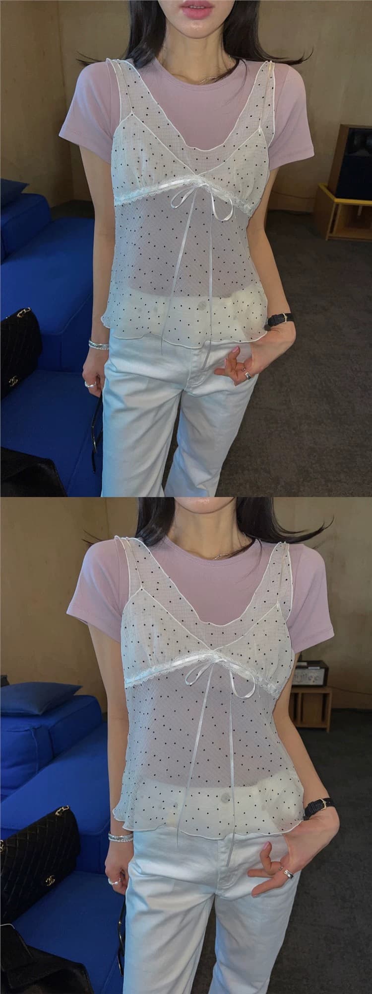 재고 있음 chic 패치워크 디자인 센스 망사 도트 무늬 레이스업 조끼 여성 ins 한 부서 얇은 스타일 시스루 슬립 맨위 상세 이미지 15