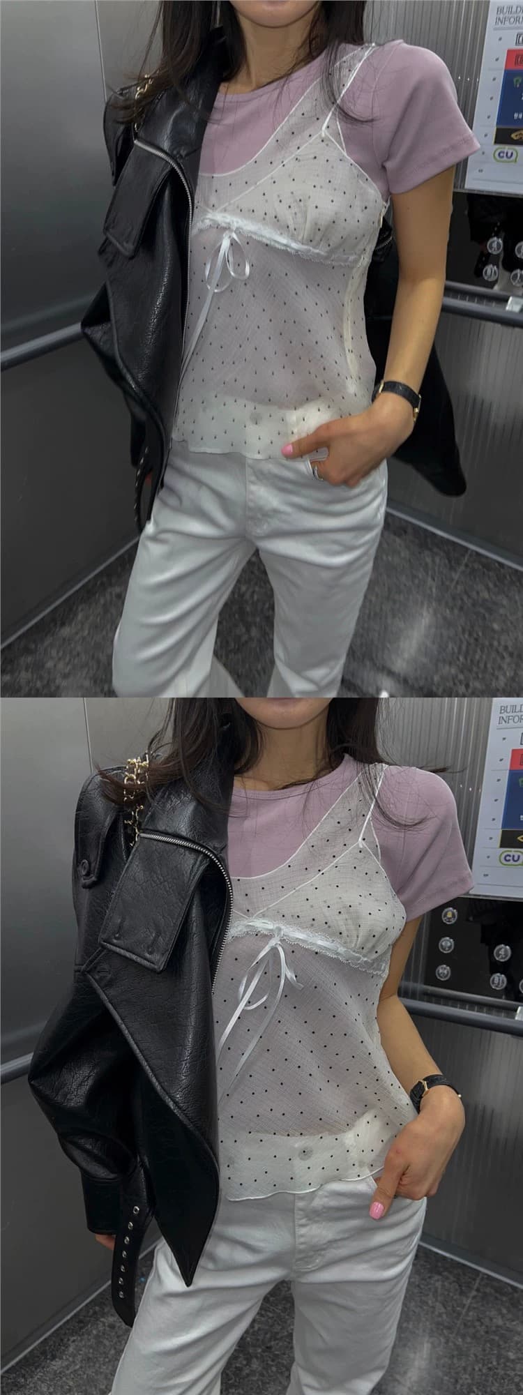 재고 있음 chic 패치워크 디자인 센스 망사 도트 무늬 레이스업 조끼 여성 ins 한 부서 얇은 스타일 시스루 슬립 맨위 상세 이미지 16