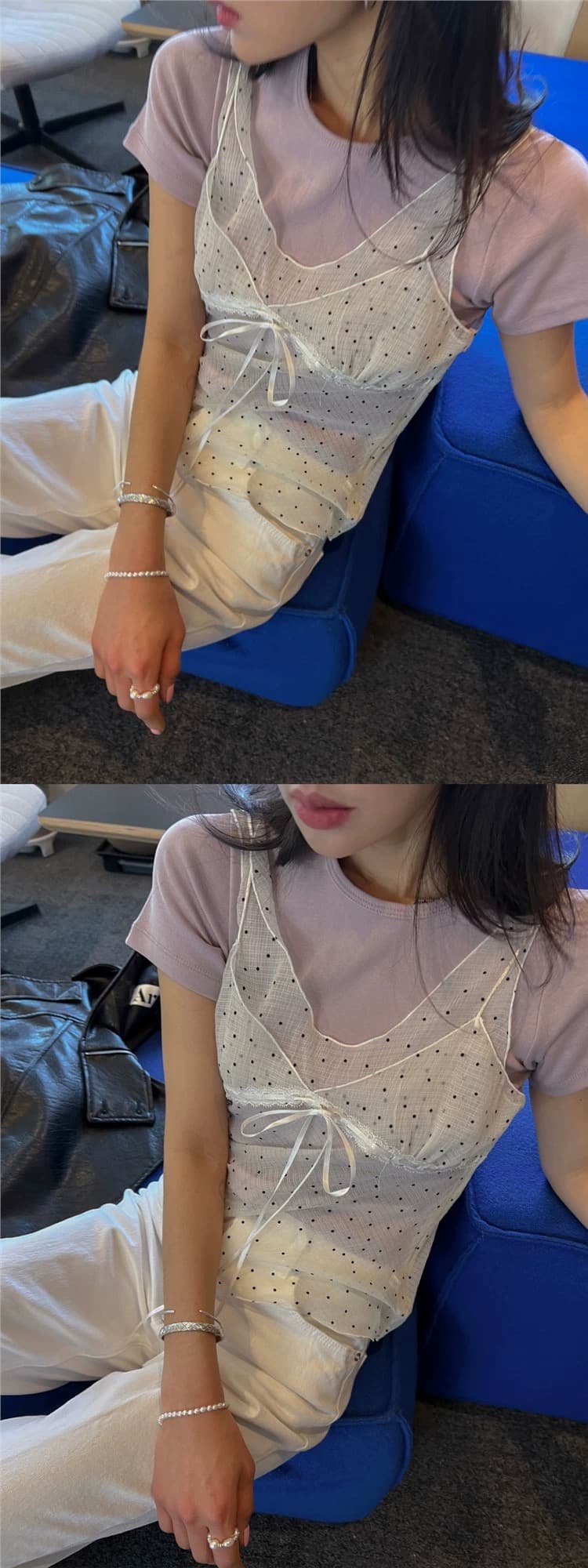 재고 있음 chic 패치워크 디자인 센스 망사 도트 무늬 레이스업 조끼 여성 ins 한 부서 얇은 스타일 시스루 슬립 맨위 상세 이미지 17