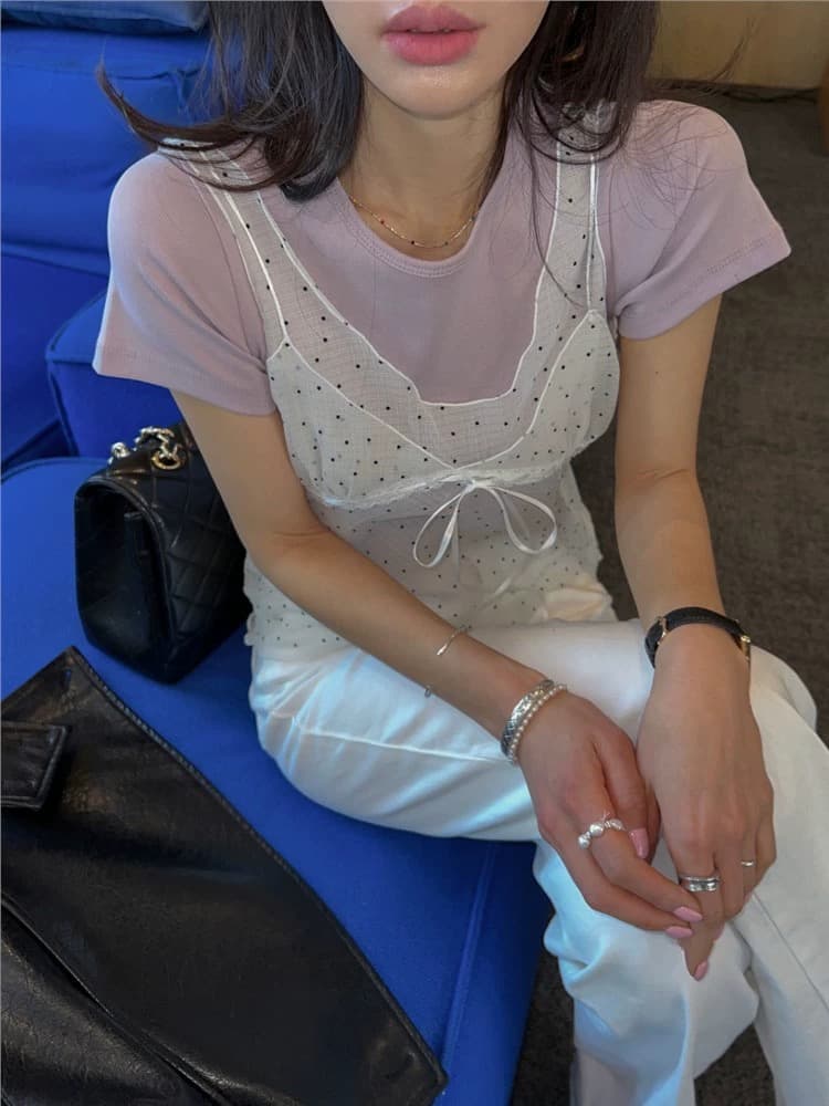 재고 있음 chic 패치워크 디자인 센스 망사 도트 무늬 레이스업 조끼 여성 ins 한 부서 얇은 스타일 시스루 슬립 맨위 상세 이미지 18
