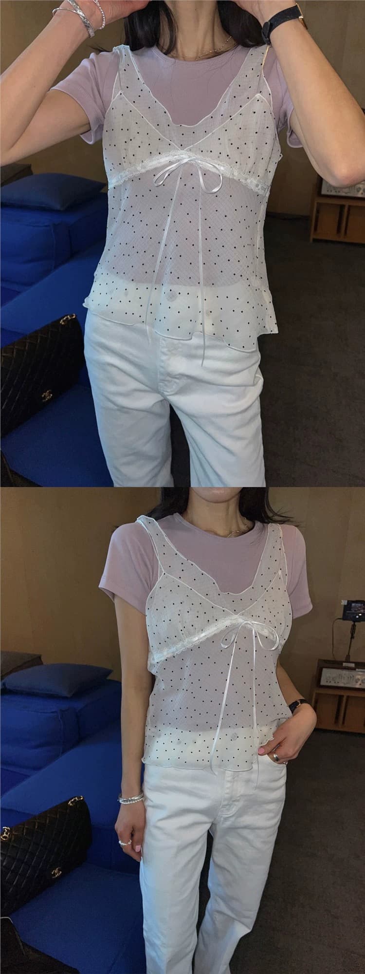 재고 있음 chic 패치워크 디자인 센스 망사 도트 무늬 레이스업 조끼 여성 ins 한 부서 얇은 스타일 시스루 슬립 맨위 상세 이미지 19