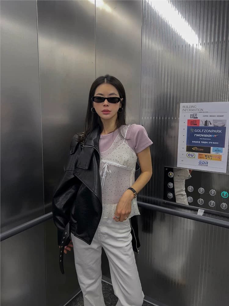 재고 있음 chic 패치워크 디자인 센스 망사 도트 무늬 레이스업 조끼 여성 ins 한 부서 얇은 스타일 시스루 슬립 맨위 상세 이미지 20