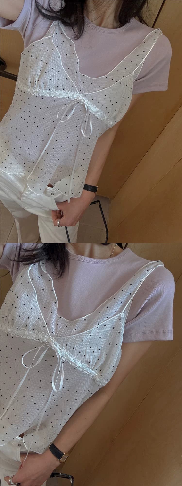 재고 있음 chic 패치워크 디자인 센스 망사 도트 무늬 레이스업 조끼 여성 ins 한 부서 얇은 스타일 시스루 슬립 맨위 상세 이미지 21