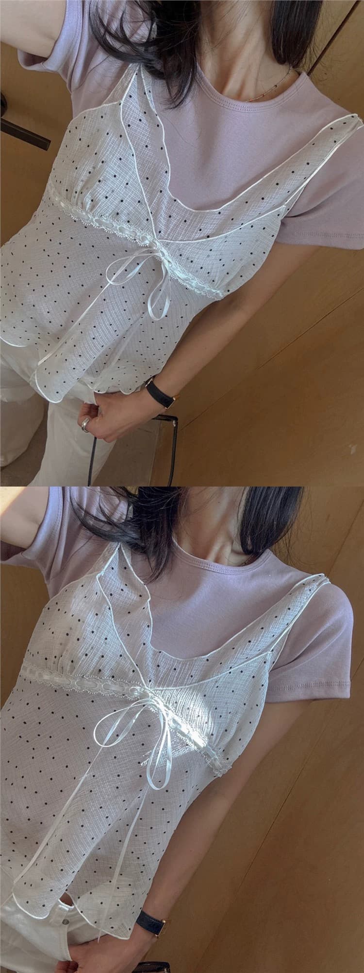 재고 있음 chic 패치워크 디자인 센스 망사 도트 무늬 레이스업 조끼 여성 ins 한 부서 얇은 스타일 시스루 슬립 맨위 상세 이미지 23