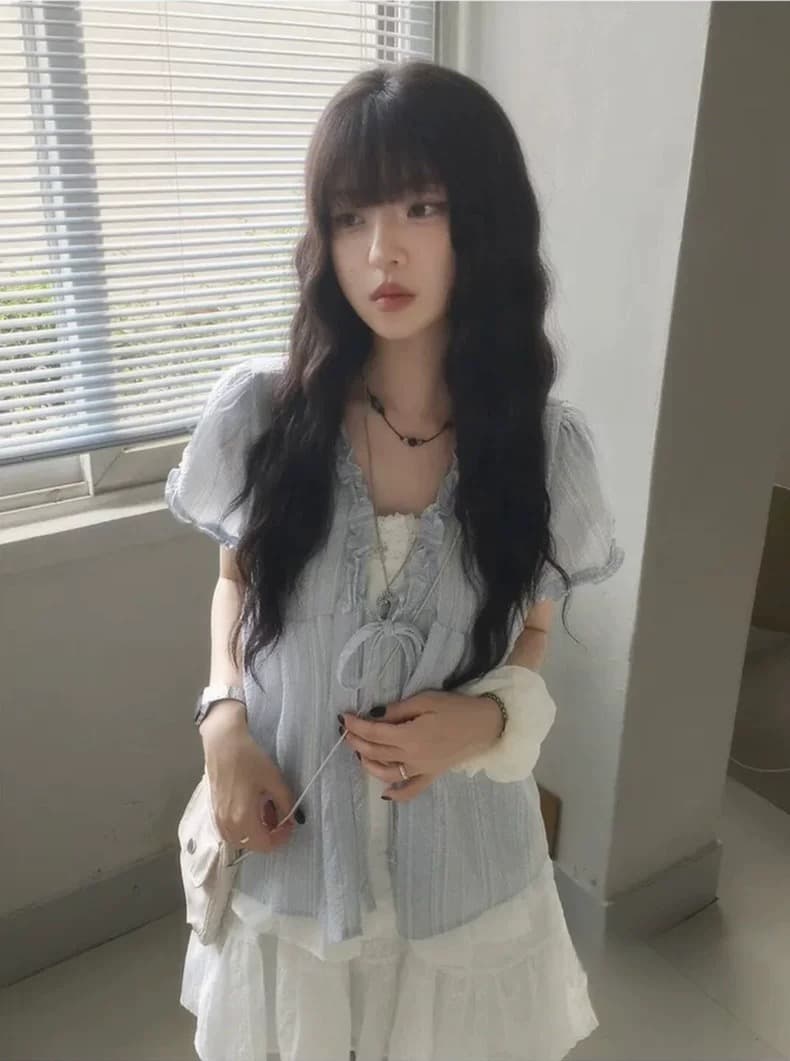 재고 있음 chic 한국 스타일 달콤함 마 면 페이크 레이어드 레이스 반팔 셔츠 이미지 3