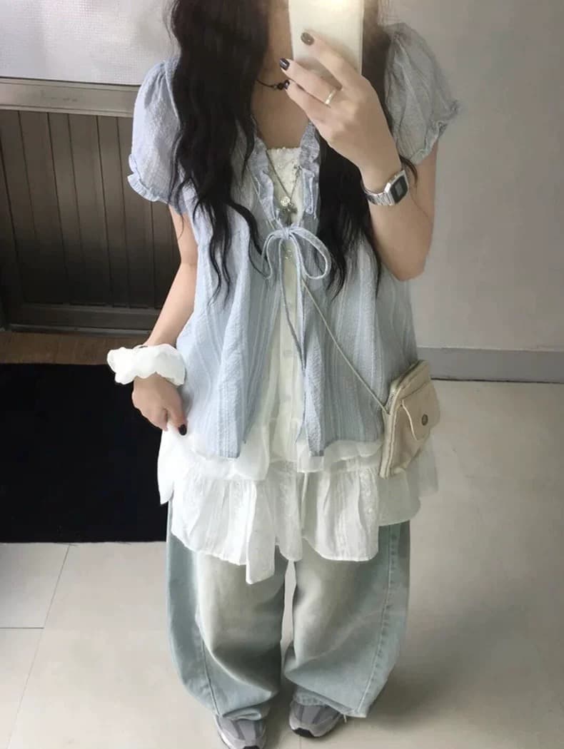 재고 있음 chic 한국 스타일 달콤함 마 면 페이크 레이어드 레이스 반팔 셔츠 상세 이미지 1