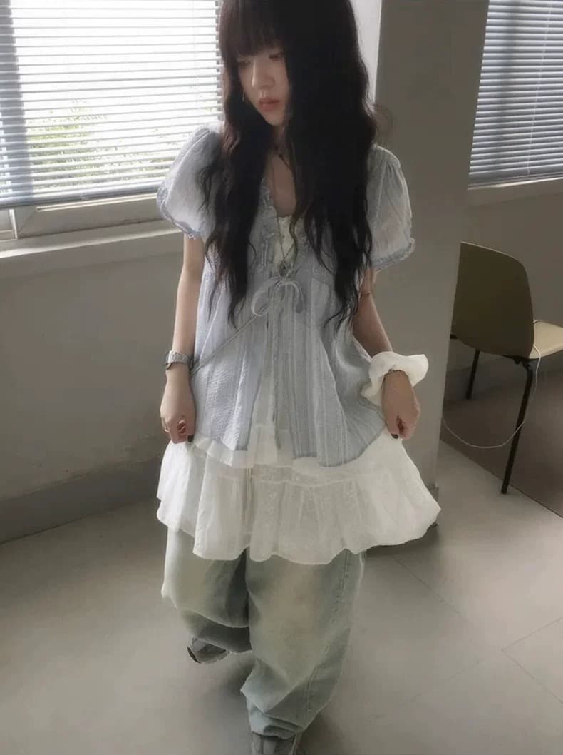 재고 있음 chic 한국 스타일 달콤함 마 면 페이크 레이어드 레이스 반팔 셔츠 상세 이미지 3