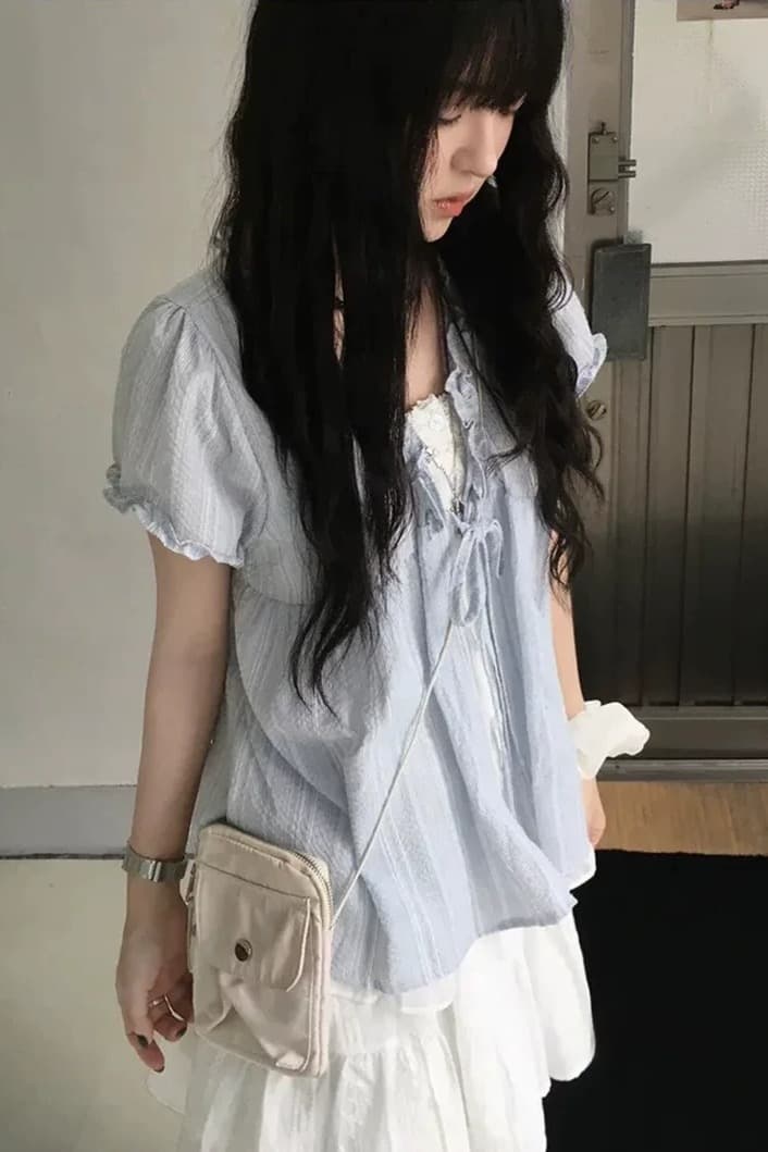 재고 있음 chic 한국 스타일 달콤함 마 면 페이크 레이어드 레이스 반팔 셔츠 상세 이미지 5