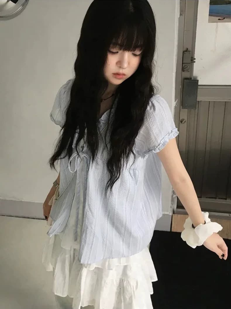 재고 있음 chic 한국 스타일 달콤함 마 면 페이크 레이어드 레이스 반팔 셔츠 상세 이미지 7