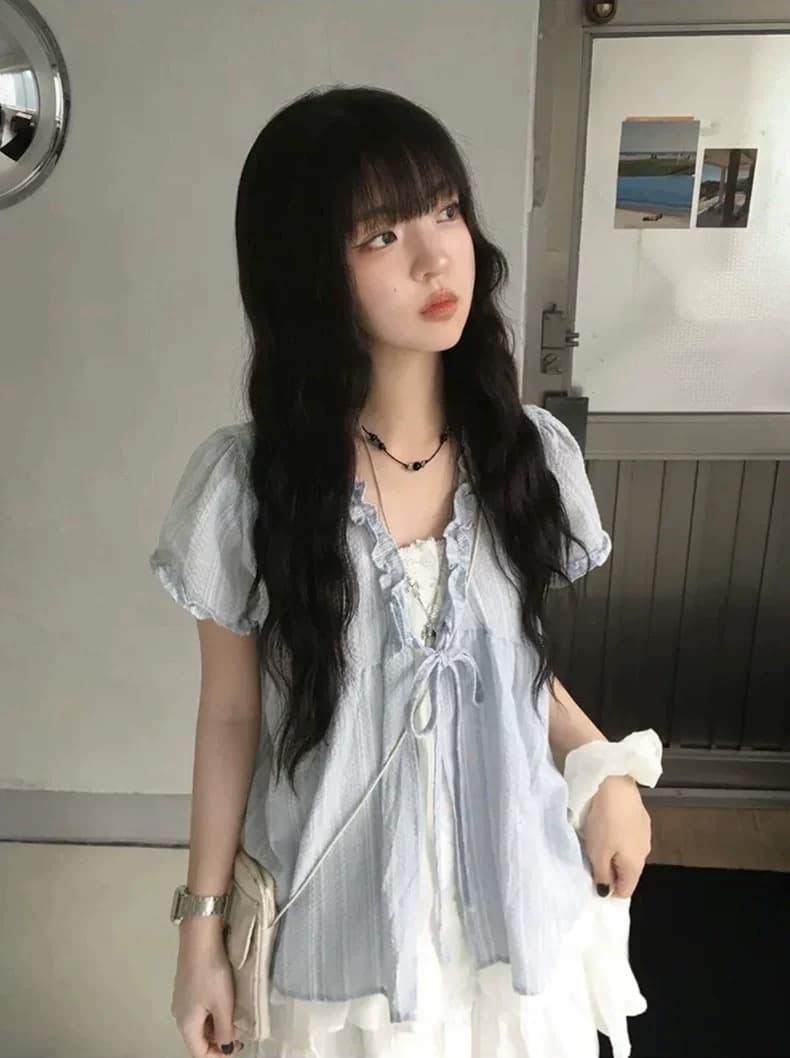 재고 있음 chic 한국 스타일 달콤함 마 면 페이크 레이어드 레이스 반팔 셔츠 상세 이미지 8