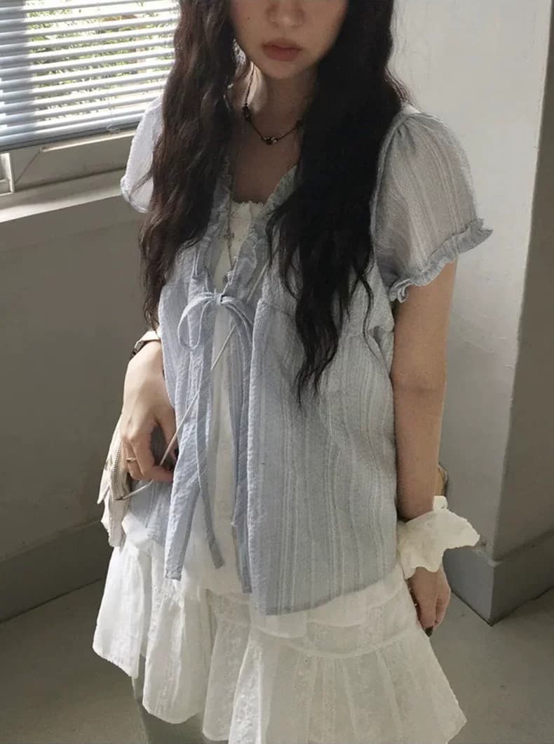 재고 있음 chic 한국 스타일 달콤함 마 면 페이크 레이어드 레이스 반팔 셔츠 상세 이미지 9