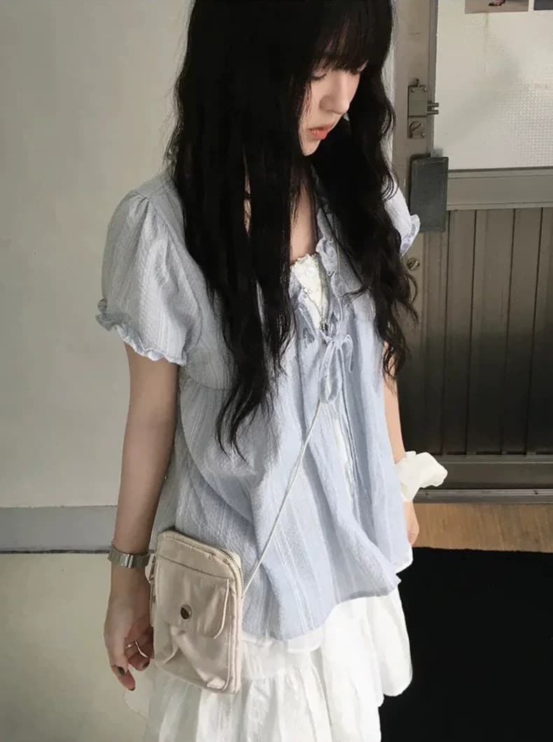 재고 있음 chic 한국 스타일 달콤함 마 면 페이크 레이어드 레이스 반팔 셔츠 상세 이미지 10