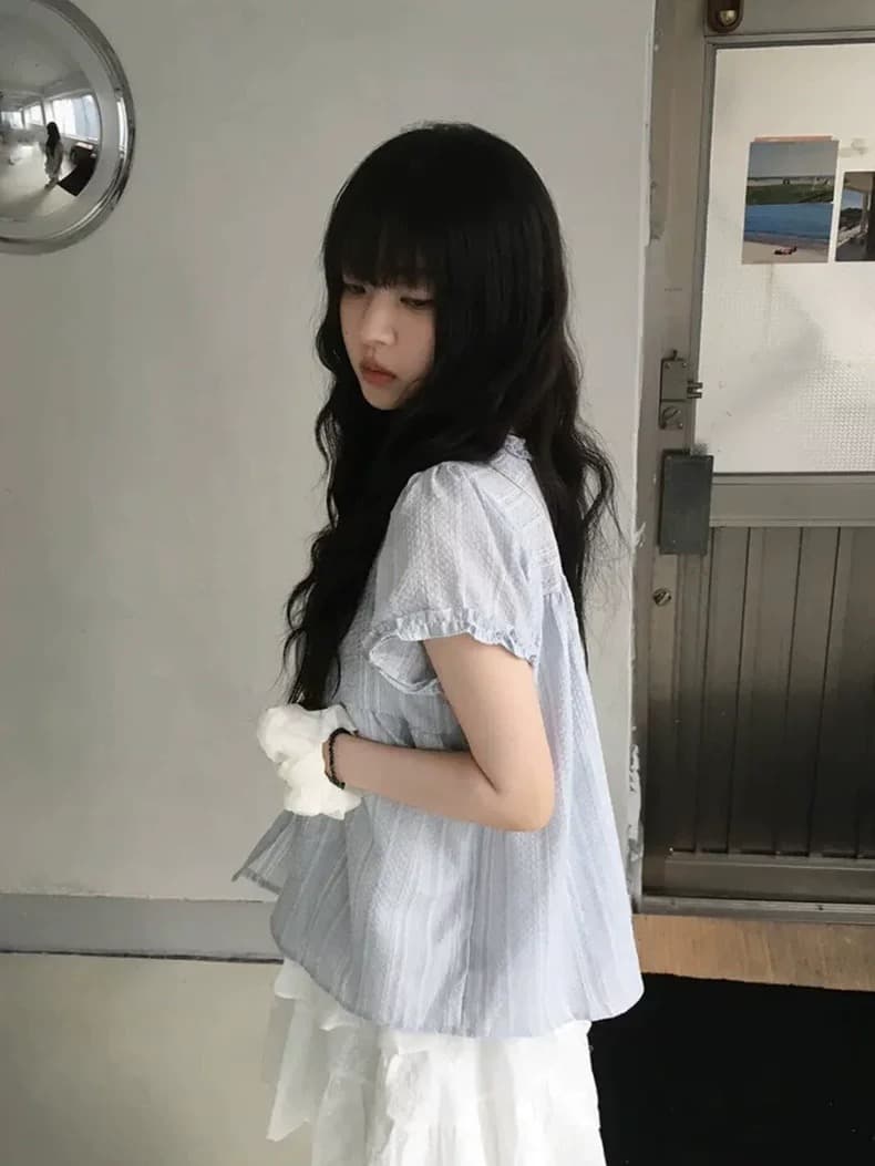 재고 있음 chic 한국 스타일 달콤함 마 면 페이크 레이어드 레이스 반팔 셔츠 상세 이미지 11