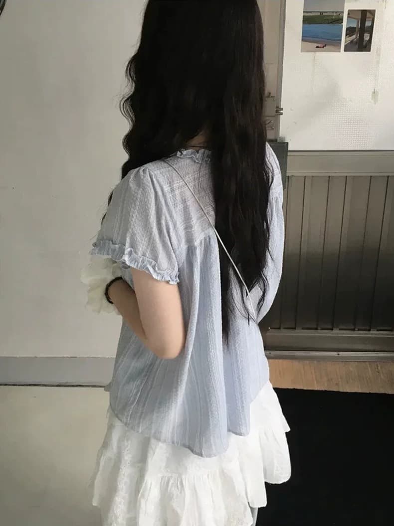 재고 있음 chic 한국 스타일 달콤함 마 면 페이크 레이어드 레이스 반팔 셔츠 상세 이미지 12