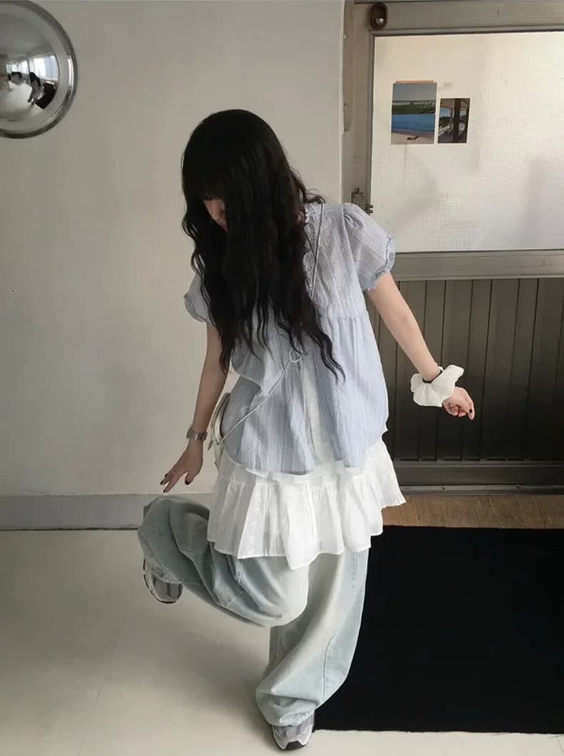 재고 있음 chic 한국 스타일 달콤함 마 면 페이크 레이어드 레이스 반팔 셔츠 상세 이미지 16