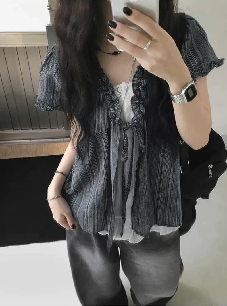 재고 있음 chic 한국 스타일 달콤함 마 면 페이크 레이어드 레이스 반팔 셔츠 상세 이미지 18