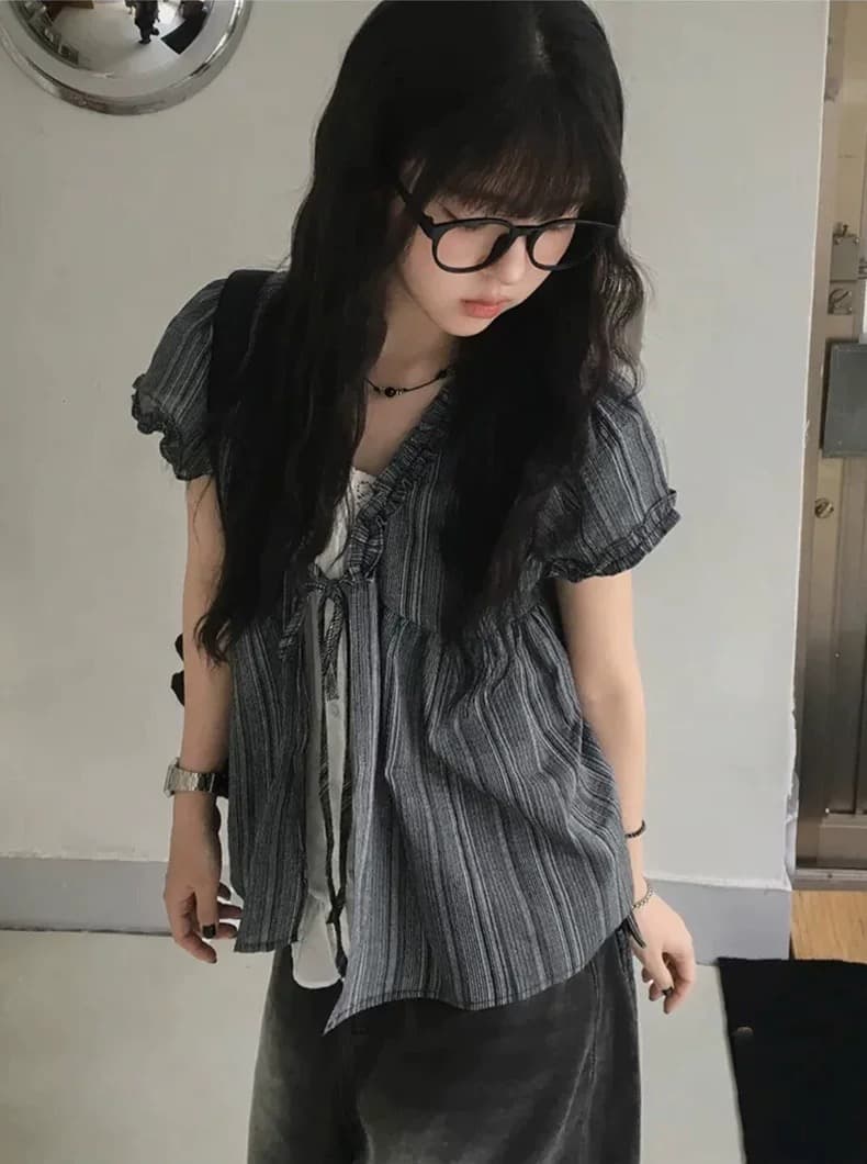 재고 있음 chic 한국 스타일 달콤함 마 면 페이크 레이어드 레이스 반팔 셔츠 상세 이미지 20
