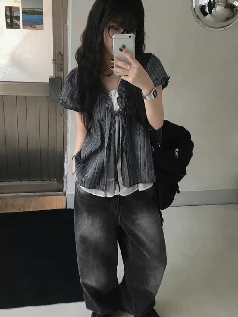 재고 있음 chic 한국 스타일 달콤함 마 면 페이크 레이어드 레이스 반팔 셔츠 상세 이미지 23