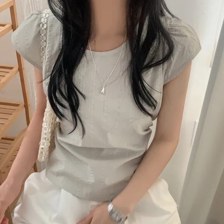재고 있음 chic 라운드 넥 허리 수축 끈 셔츠 상세 이미지 4