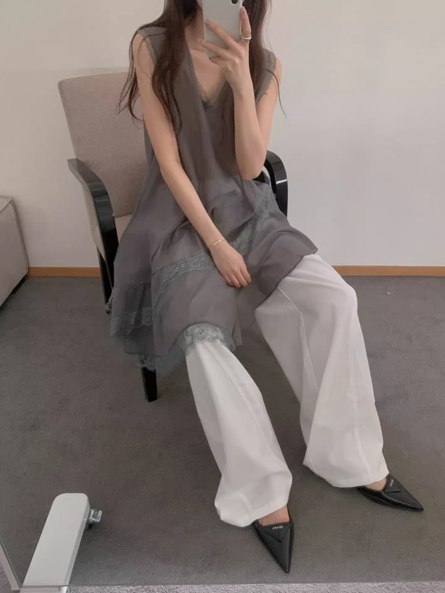 재고 있음 한 부서 인터넷 색상 마이크로 ~을 통해 레이스 조각 불규칙 조끼 스커트 드레스 상세 이미지 2