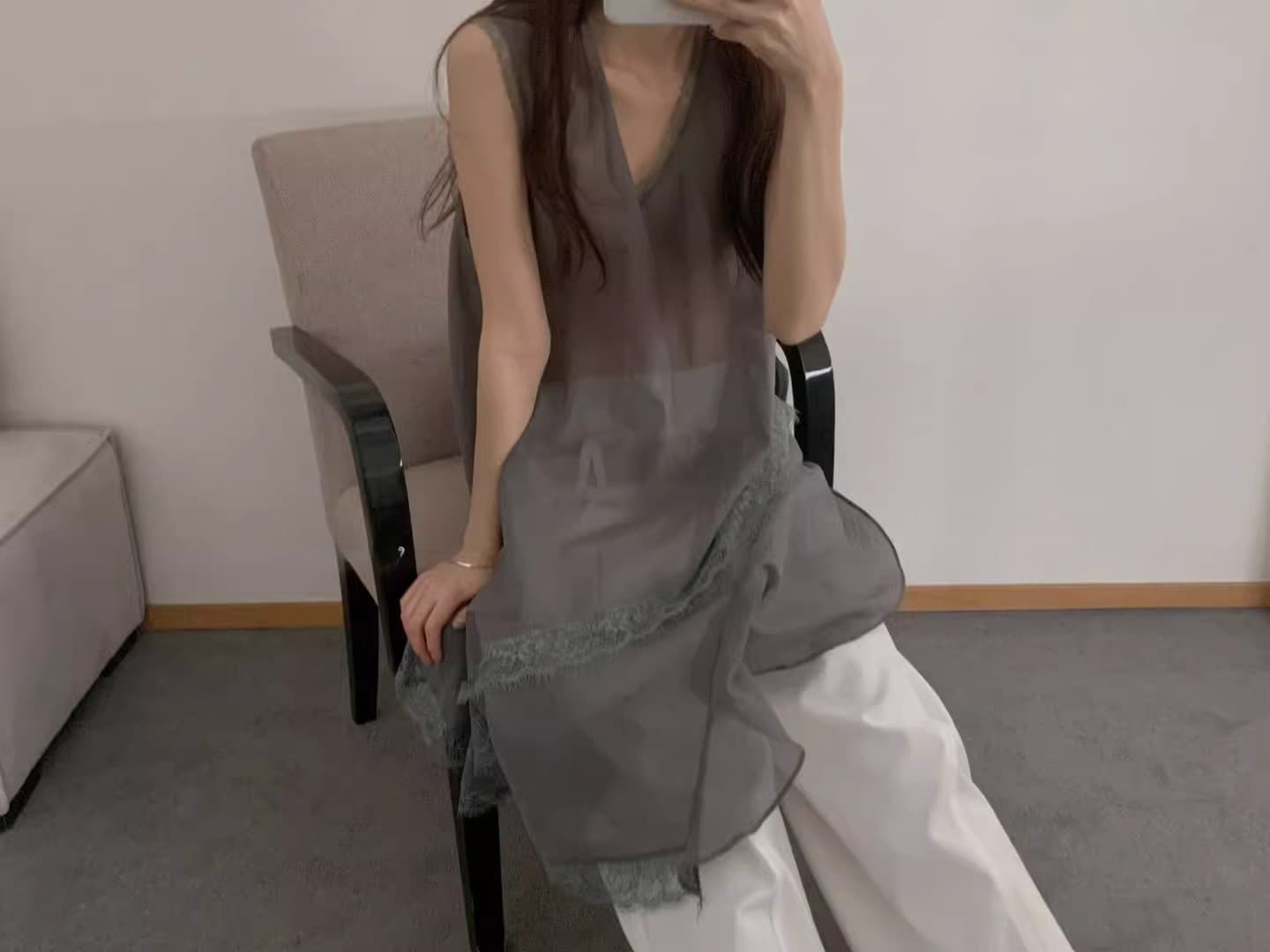 재고 있음 한 부서 인터넷 색상 마이크로 ~을 통해 레이스 조각 불규칙 조끼 스커트 드레스 상세 이미지 3