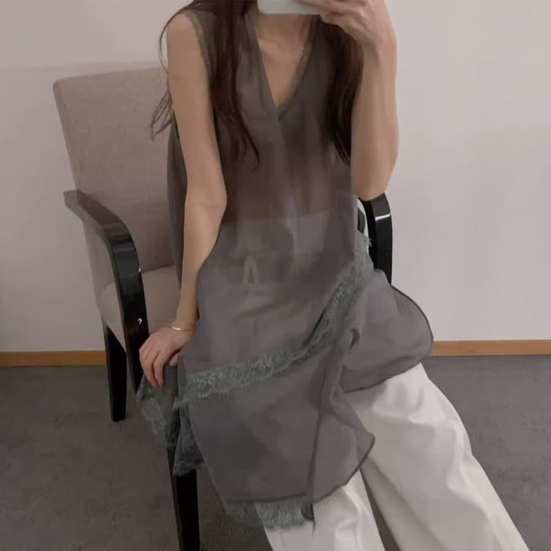 재고 있음 한 부서 인터넷 색상 마이크로 ~을 통해 레이스 조각 불규칙 조끼 스커트 드레스 상세 이미지 4