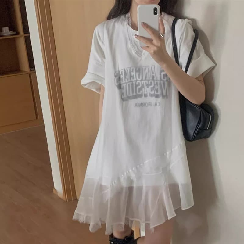 재고 있음 한 부서 인터넷 색상 마이크로 ~을 통해 레이스 조각 불규칙 조끼 스커트 드레스 상세 이미지 6