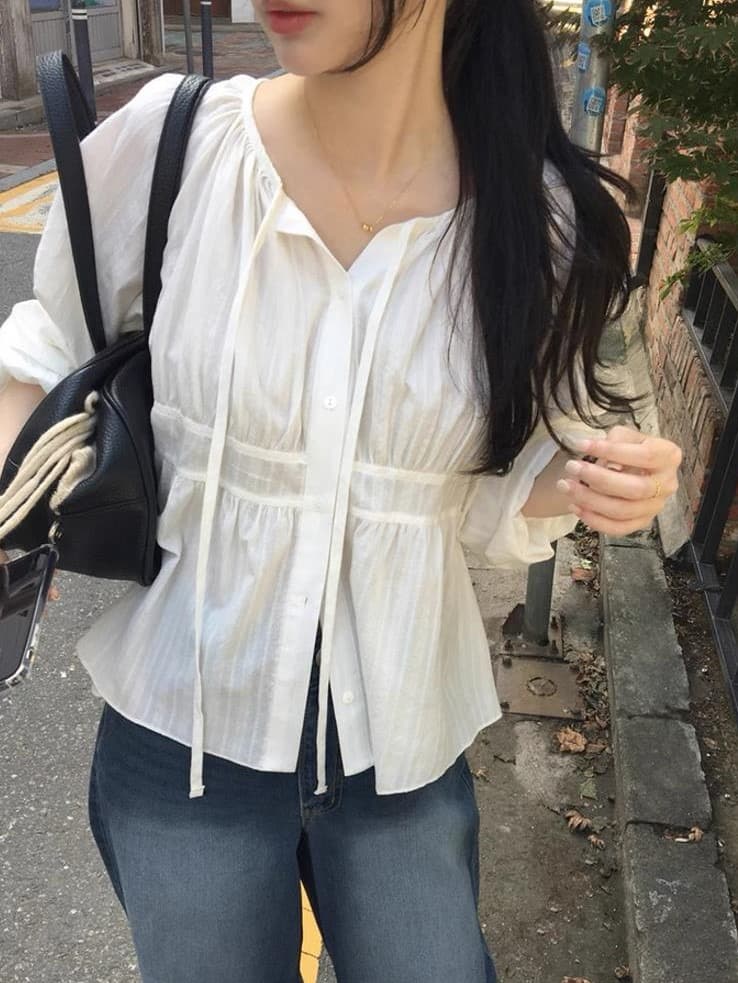 재고 있음 chic 품격 V넥 스트랩 긴팔 자카드 여성 셔츠 작은 키 인형 셔츠 상세 이미지 1