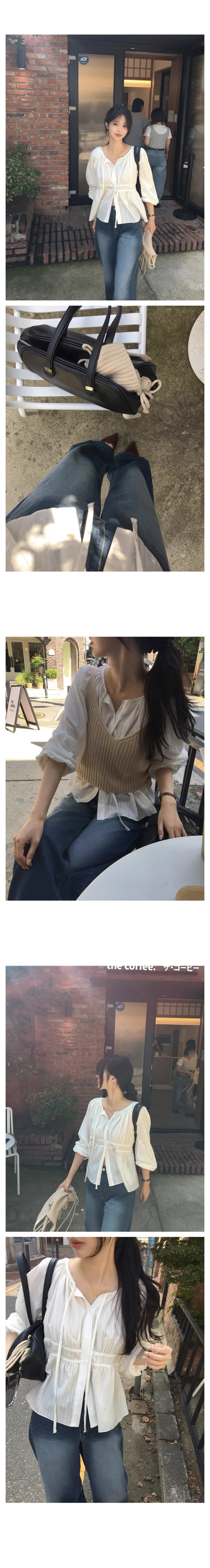 재고 있음 chic 품격 V넥 스트랩 긴팔 자카드 여성 셔츠 작은 키 인형 셔츠 상세 이미지 5