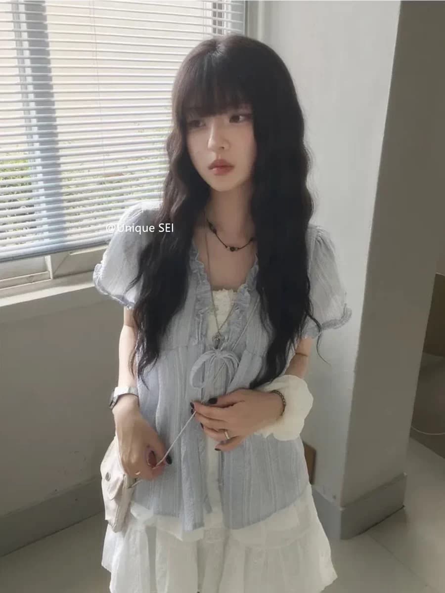 재고 있음 chic 프릴 발레 거품 소매 스트라이프 루즈핏 레이스업 반팔 셔츠 이미지 4