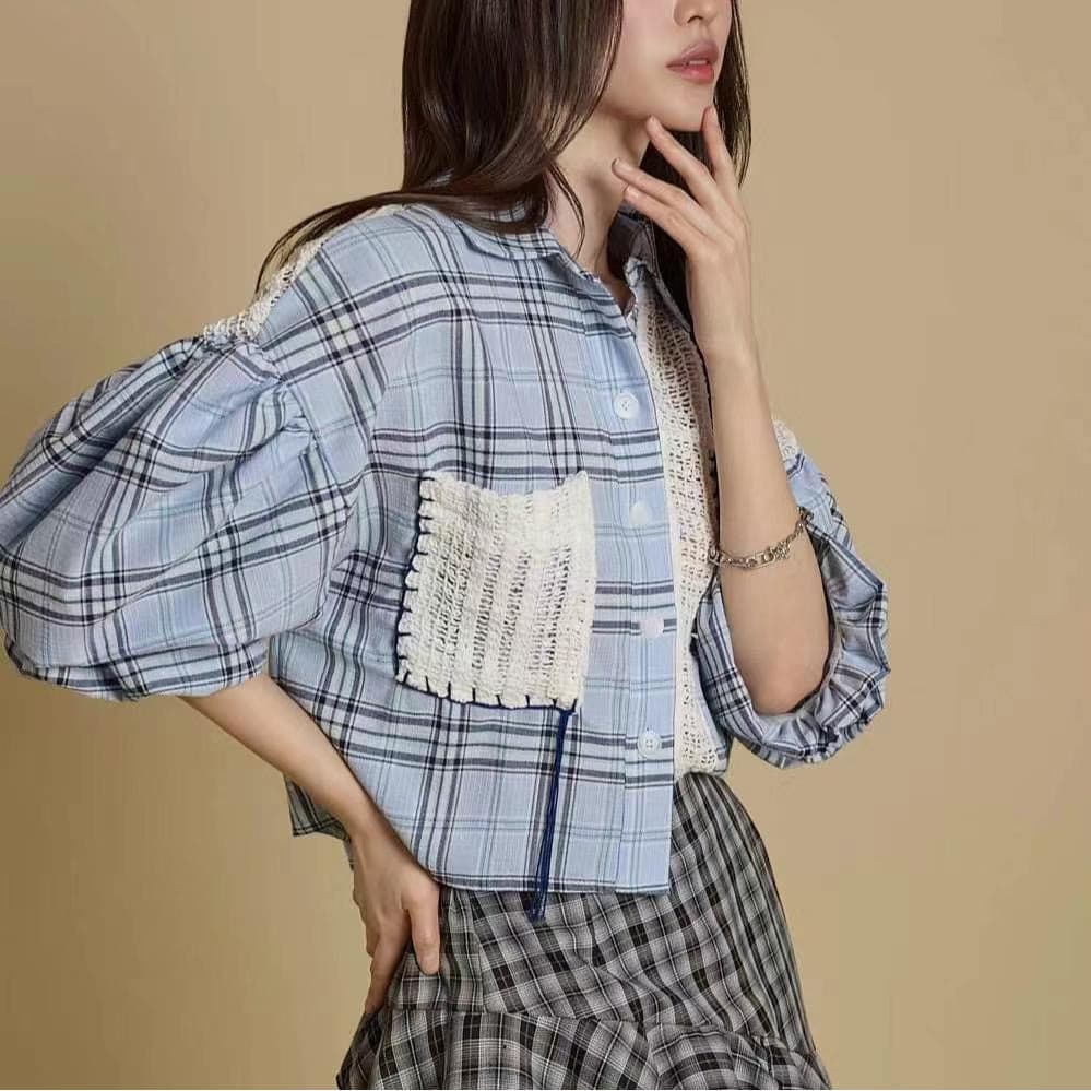 재고 있음 chic 패션 패치워크 디자인 체크무늬 중간 소매 셔츠 상세 이미지 1